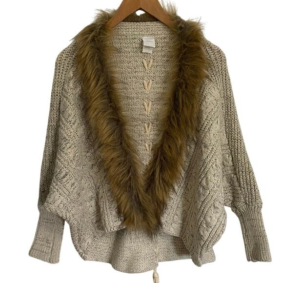 Anthropologie Northern Angel Cable Knit Faux Fur Trim Sweater Women’s Medium 70s - Picture 1 of 8